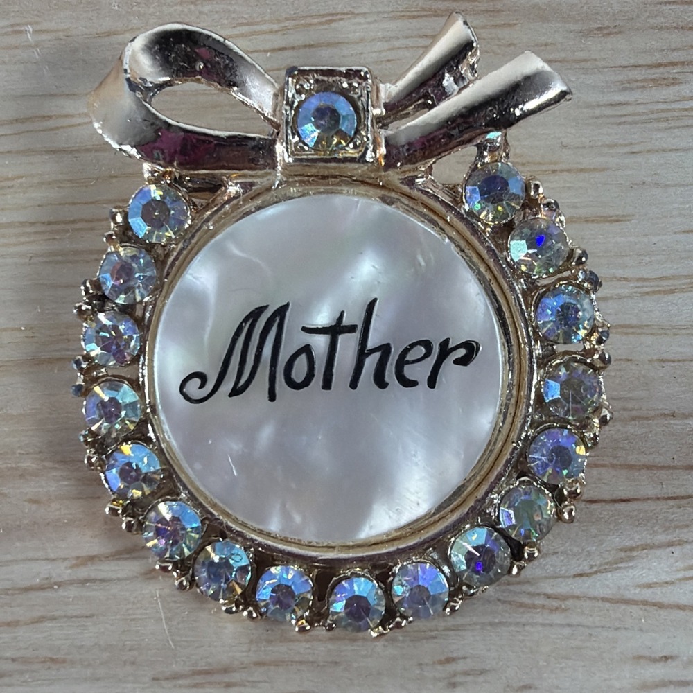 Mother Ribbon Wreath Vintage Brooch AB Rhinestone Decoration Gold Tone Retro